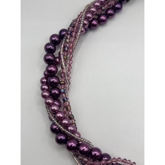 Twisted Multi Strand Purple Beaded Faux Pearl Necklace 17" Statement Jewelry - Picture 4 of 8